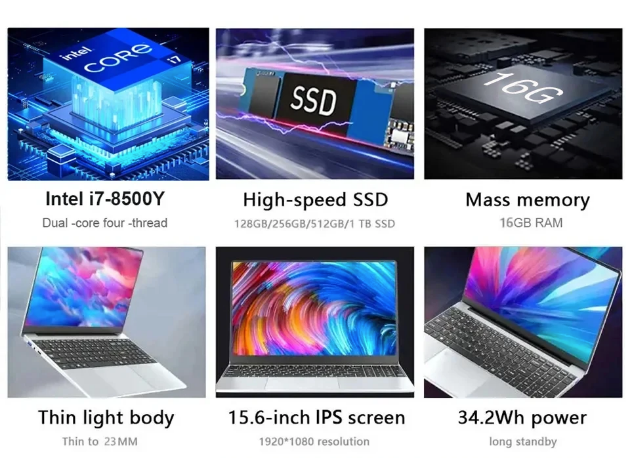 Laptop da 15,6" Intel Core i7 8500Y Windows 11 Pro Sblocco impronta digitale 16 GB RAM