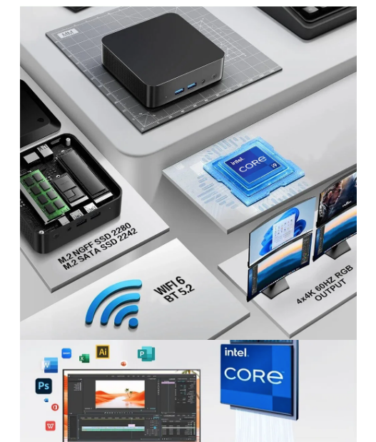 Mini PC Intel Core i9-8950HK Windows 11 16GB DDR4 fino a 2TB SSD, WIFI6 BT5.2 4K