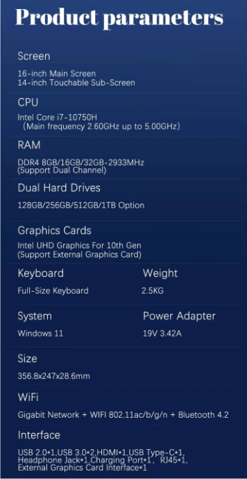 Notebook a doppio schermo LCD touch da 16 pollici 8, 16, 32 GB RAM e 512 GB, 1 TB e 2 TB SSD, Intel I7 9a generazione 6 core