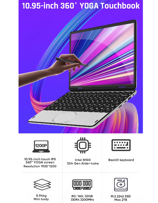 Laptop YOGA 360° Intel N100 10.95 pollici IPS Touch Book, fino a 32G DDR4, fino a 2T SSD