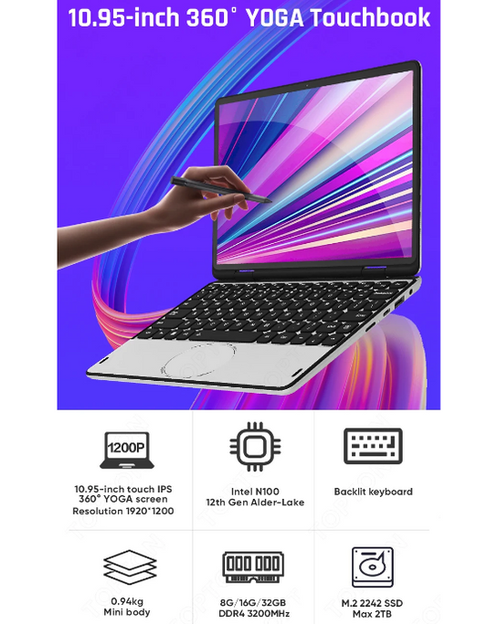 Laptop YOGA 360° Intel N100 10.95 pollici IPS Touch Book, fino a 32G DDR4, fino a 2T SSD