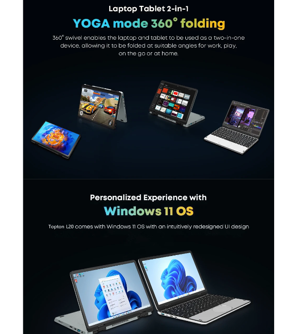 Laptop YOGA 360° Intel N100 10.95 pollici IPS Touch Book, fino a 32G DDR4, fino a 2T SSD