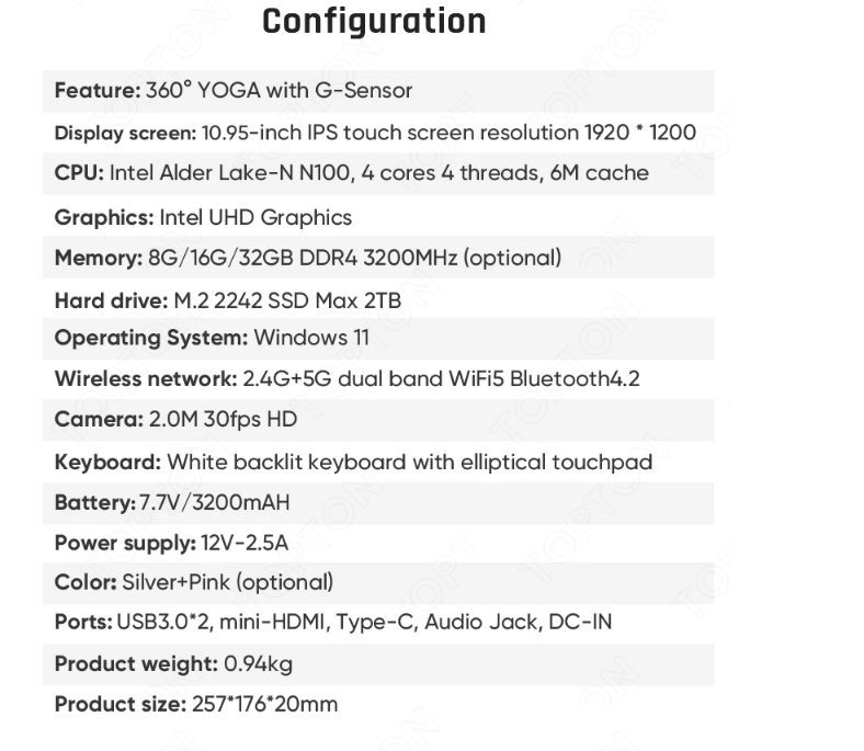 Laptop YOGA 360° Intel N100 10.95 pollici IPS Touch Book, fino a 32G DDR4, fino a 2T SSD